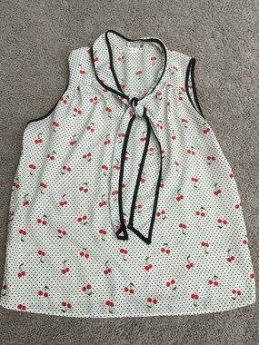 Jessy B Cherry Polka Dot Sleeveless Tie Neck Blouse Top White Black Red